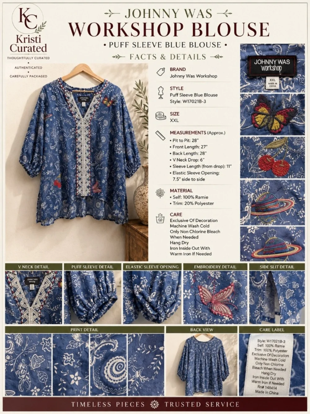 Johnny Was Workshop Embroidered Butterfly Puff Sleeve Blouse XXL Blue Ramie